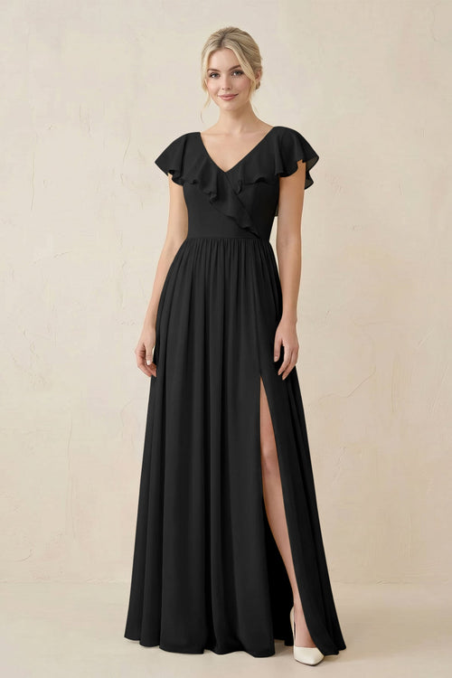 Cap Sleeve A-Line Ruffled Chiffon Bridesmaid Dress in Black - SHE IS ME BRIDESMAID DRESSES