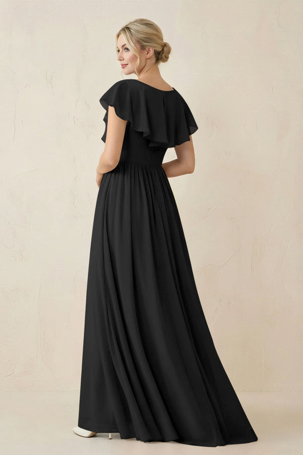 Cap Sleeve A-Line Ruffled Chiffon Bridesmaid Dress in Black - SHE IS ME BRIDESMAID DRESSES