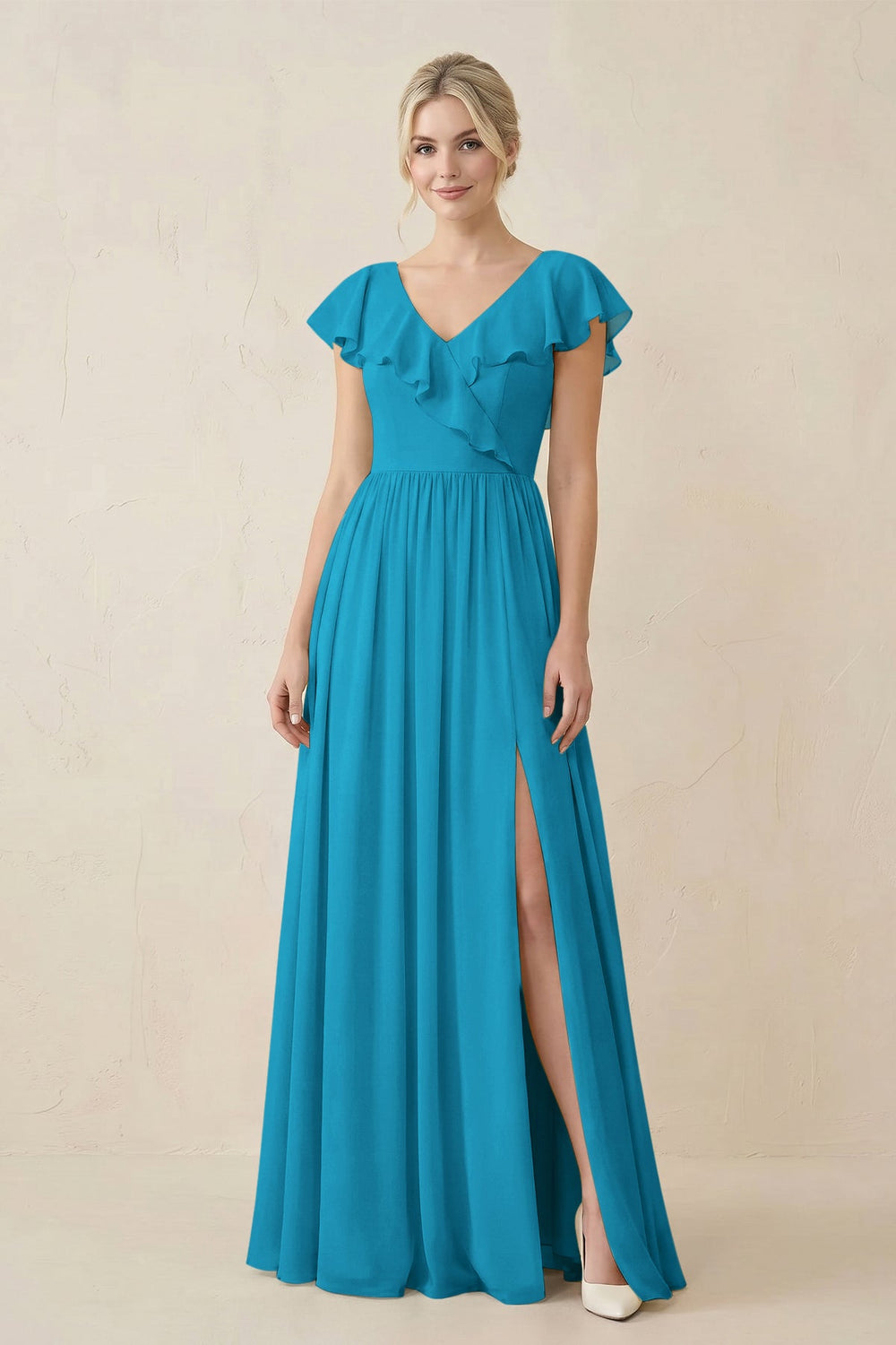 Cap Sleeve A-Line Ruffled Chiffon Bridesmaid Dress in Blue Jay - KISS BRIDAL BRIDESMAID DRESSES