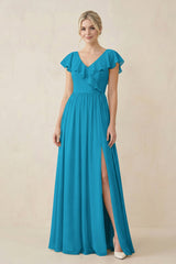 Cap Sleeve A-Line Ruffled Chiffon Bridesmaid Dress in Blue Jay - KISS BRIDAL BRIDESMAID DRESSES