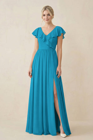 Cap Sleeve A-Line Ruffled Chiffon Bridesmaid Dress in Blue Jay - SHE IS ME BRIDESMAID DRESSES