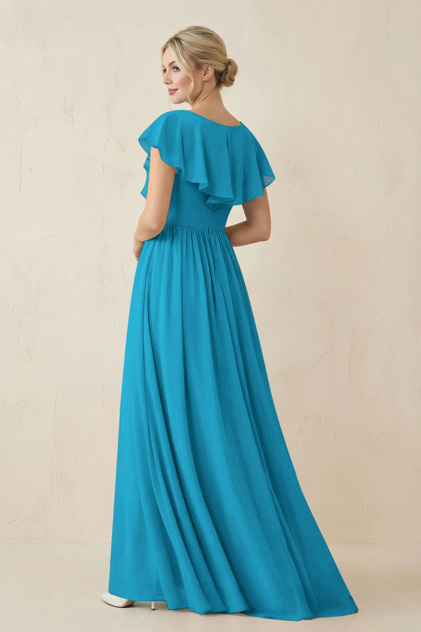 Cap Sleeve A-Line Ruffled Chiffon Bridesmaid Dress in Blue Jay - SHE IS ME BRIDESMAID DRESSES
