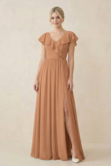 Cap Sleeve A-Line Ruffled Chiffon Bridesmaid Dress in Bronzer - KISS BRIDAL BRIDESMAID DRESSES