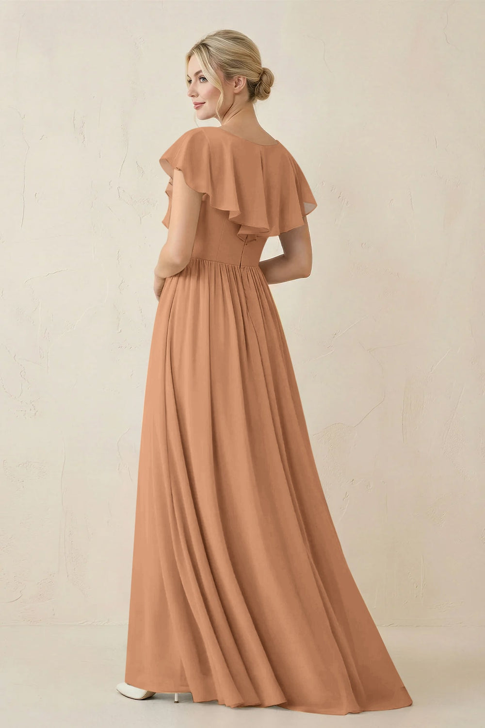 Cap Sleeve A-Line Ruffled Chiffon Bridesmaid Dress in Bronzer - KISS BRIDAL BRIDESMAID DRESSES