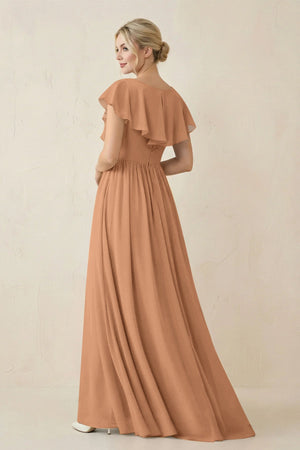 Cap Sleeve A-Line Ruffled Chiffon Bridesmaid Dress in Bronzer - SHE IS ME BRIDESMAID DRESSES