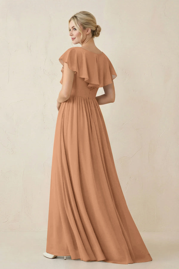 Cap Sleeve A-Line Ruffled Chiffon Bridesmaid Dress in Bronzer - SHE IS ME BRIDESMAID DRESSES