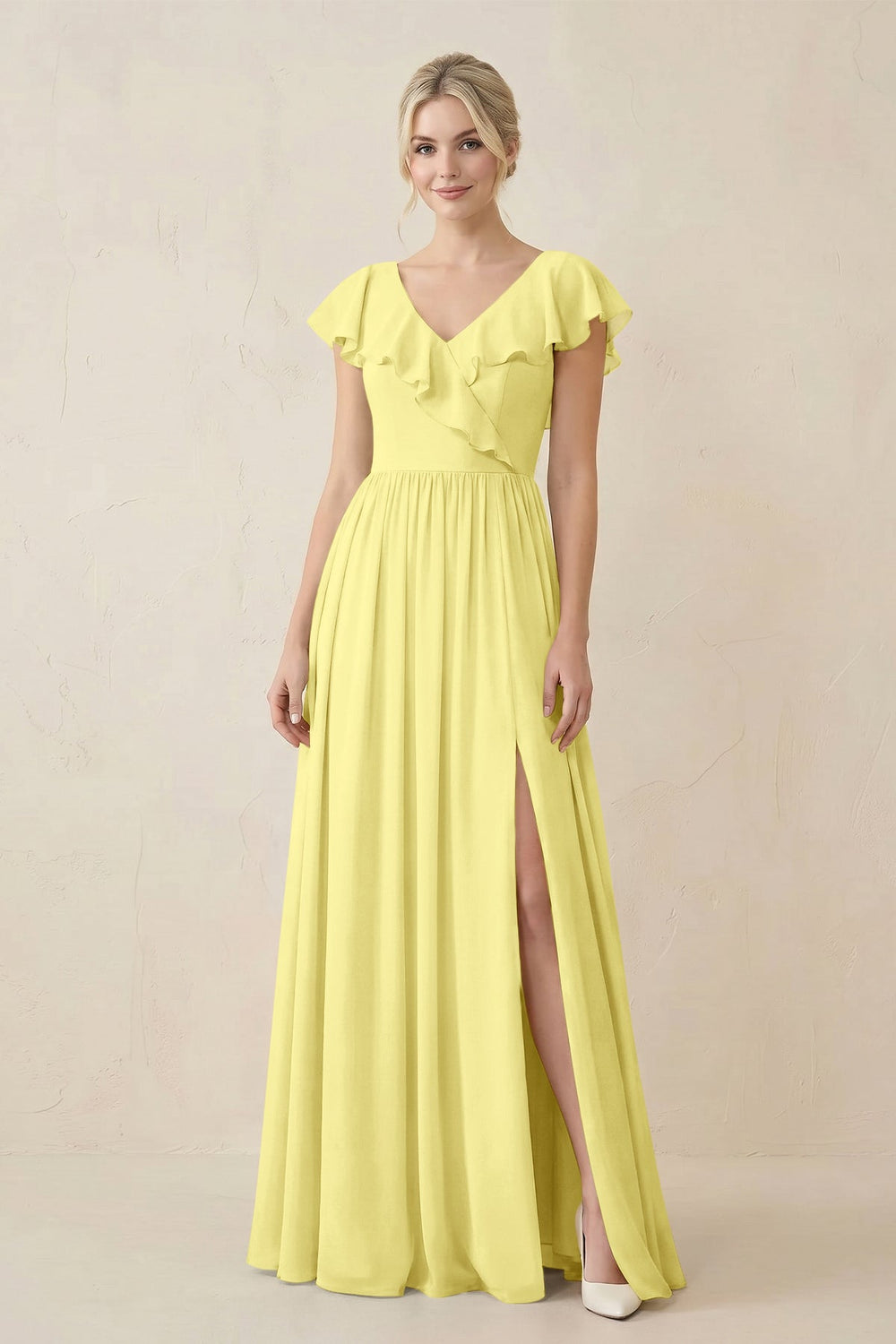 Cap Sleeve A-Line Ruffled Chiffon Bridesmaid Dress in Buttercup - KISS BRIDAL BRIDESMAID DRESSES