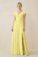 Cap Sleeve A-Line Ruffled Chiffon Bridesmaid Dress in Buttercup - SHE IS ME BRIDESMAID DRESSES