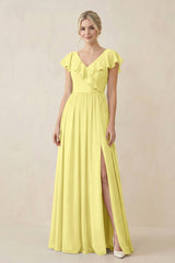 Cap Sleeve A-Line Ruffled Chiffon Bridesmaid Dress in Buttercup - KISS BRIDAL BRIDESMAID DRESSES