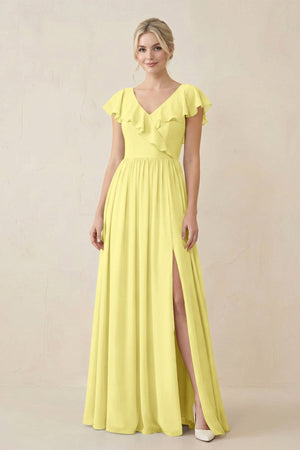 Cap Sleeve A-Line Ruffled Chiffon Bridesmaid Dress in Buttercup - SHE IS ME BRIDESMAID DRESSES