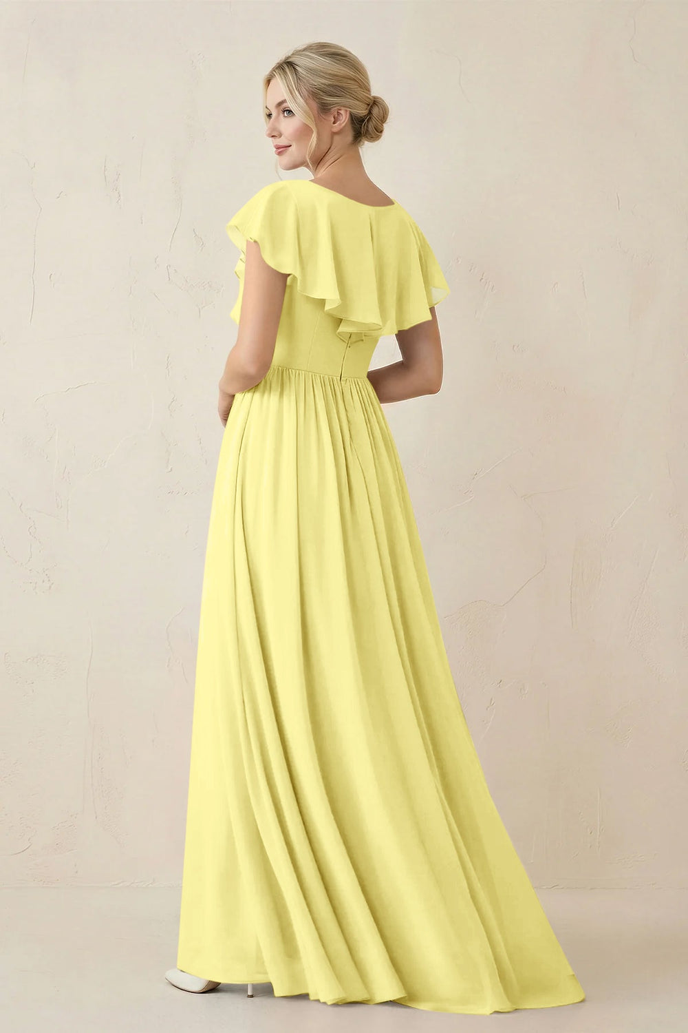 Cap Sleeve A-Line Ruffled Chiffon Bridesmaid Dress in Buttercup - KISS BRIDAL BRIDESMAID DRESSES