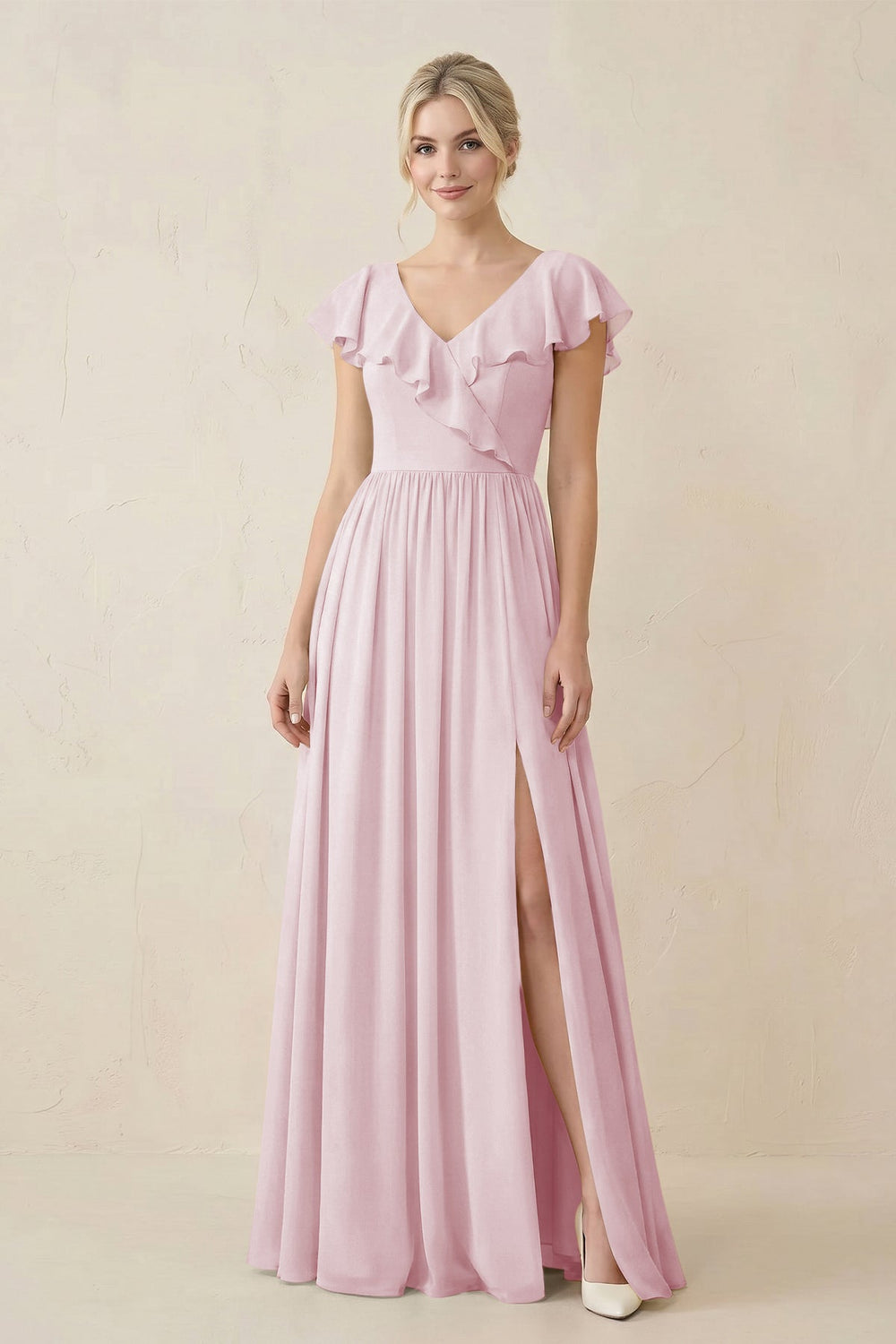 Cap Sleeve A-Line Ruffled Chiffon Bridesmaid Dress in Candy Pink - KISS BRIDAL BRIDESMAID DRESSES