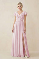Cap Sleeve A-Line Ruffled Chiffon Bridesmaid Dress in Candy Pink - SHE IS ME BRIDESMAID DRESSES
