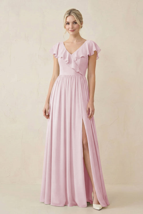 Cap Sleeve A-Line Ruffled Chiffon Bridesmaid Dress in Candy Pink - SHE IS ME BRIDESMAID DRESSES