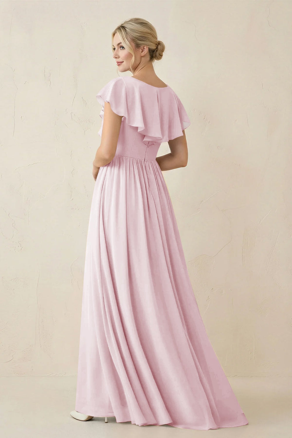 Cap Sleeve A-Line Ruffled Chiffon Bridesmaid Dress in Candy Pink - KISS BRIDAL BRIDESMAID DRESSES