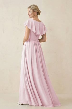 Cap Sleeve A-Line Ruffled Chiffon Bridesmaid Dress in Candy Pink - SHE IS ME BRIDESMAID DRESSES