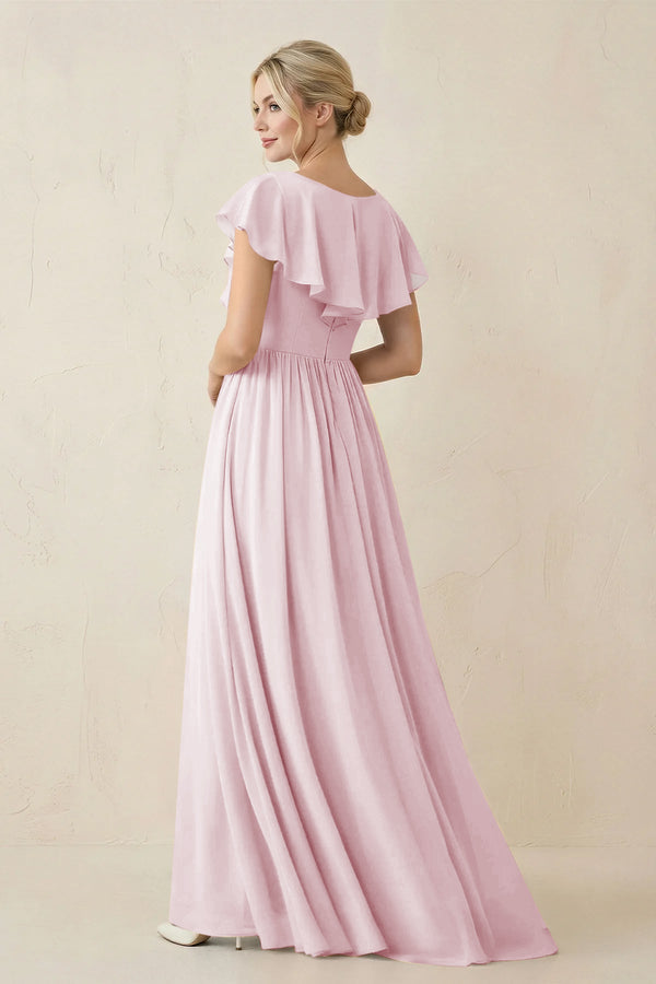 Cap Sleeve A-Line Ruffled Chiffon Bridesmaid Dress in Candy Pink - SHE IS ME BRIDESMAID DRESSES