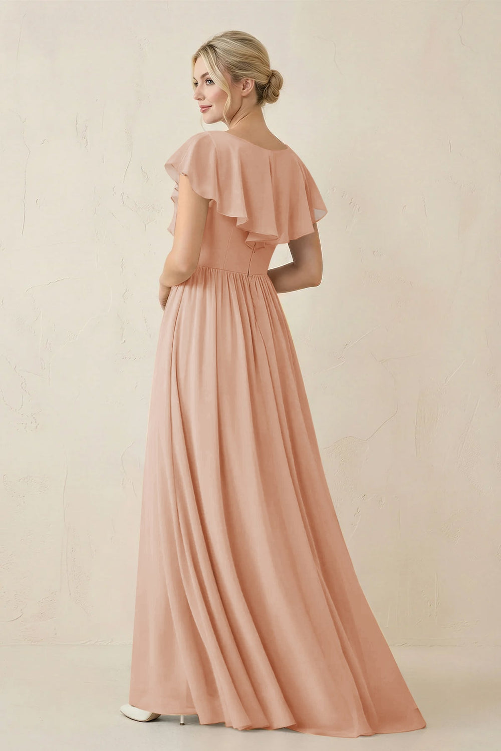 Cap Sleeve A-Line Ruffled Chiffon Bridesmaid Dress in Champagne Rose - KISS BRIDAL BRIDESMAID 