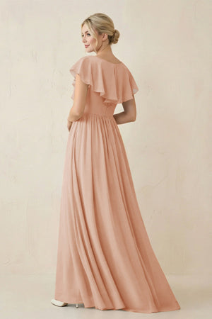 Cap Sleeve A-Line Ruffled Chiffon Bridesmaid Dress in Champagne Rose - SHE IS ME BRIDESMAID 