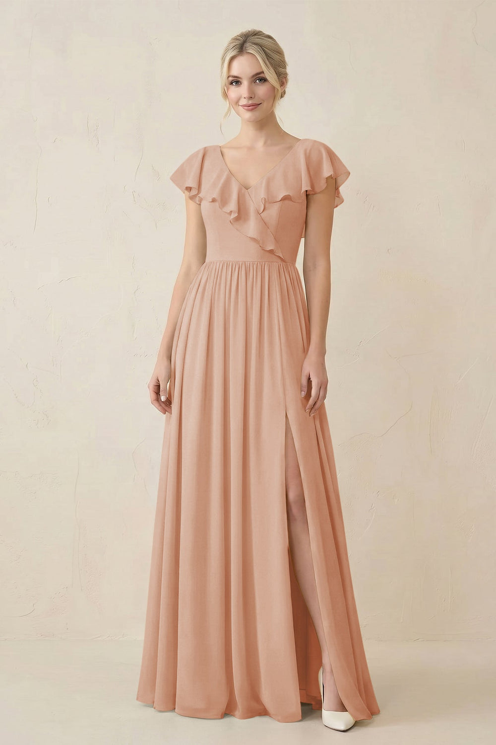 Cap Sleeve A-Line Ruffled Chiffon Bridesmaid Dress in Champagne Rose - KISS BRIDAL BRIDESMAID 