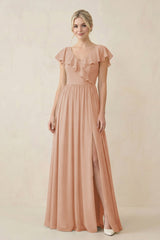 Cap Sleeve A-Line Ruffled Chiffon Bridesmaid Dress in Champagne Rose - KISS BRIDAL BRIDESMAID 