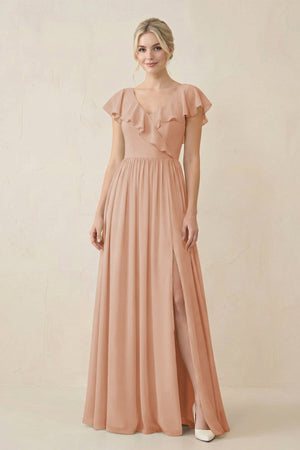 Cap Sleeve A-Line Ruffled Chiffon Bridesmaid Dress in Champagne Rose - SHE IS ME BRIDESMAID 