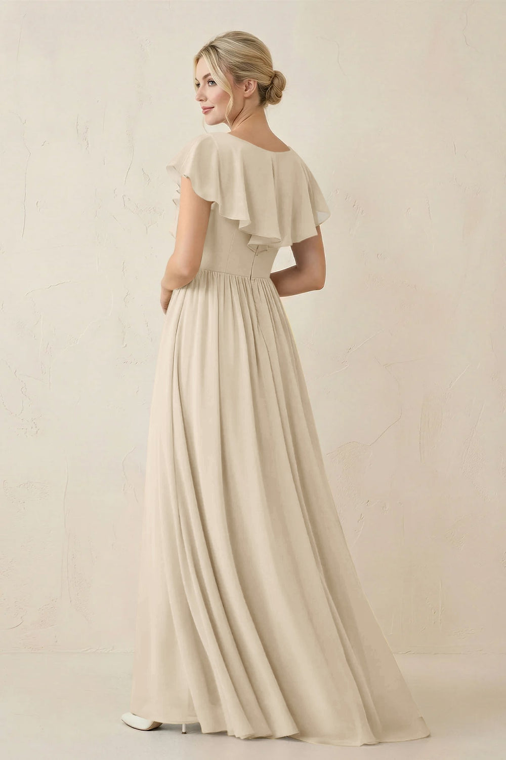 Cap Sleeve A-Line Ruffled Chiffon Bridesmaid Dress in Champagne - KISS BRIDAL BRIDESMAID DRESSES