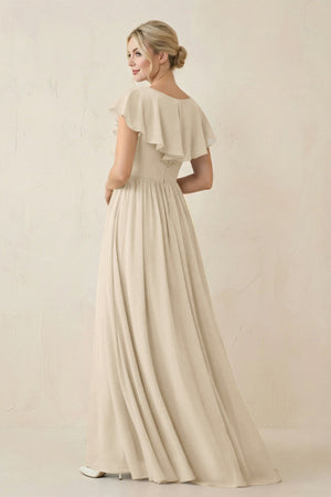 Cap Sleeve A-Line Ruffled Chiffon Bridesmaid Dress in Champagne - SHE IS ME BRIDESMAID DRESSES