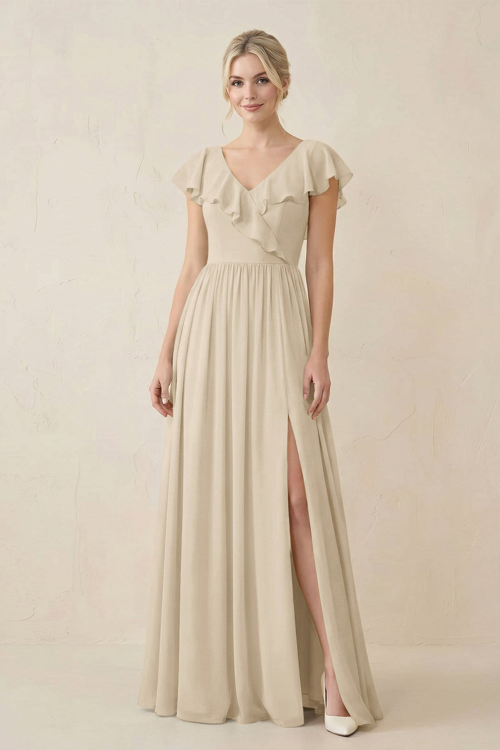 Cap Sleeve A-Line Ruffled Chiffon Bridesmaid Dress in Champagne - KISS BRIDAL BRIDESMAID DRESSES