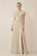 Cap Sleeve A-Line Ruffled Chiffon Bridesmaid Dress in Champagne - SHE IS ME BRIDESMAID DRESSES