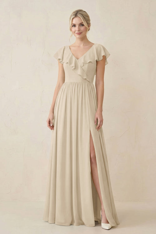 Cap Sleeve A-Line Ruffled Chiffon Bridesmaid Dress in Champagne - SHE IS ME BRIDESMAID DRESSES