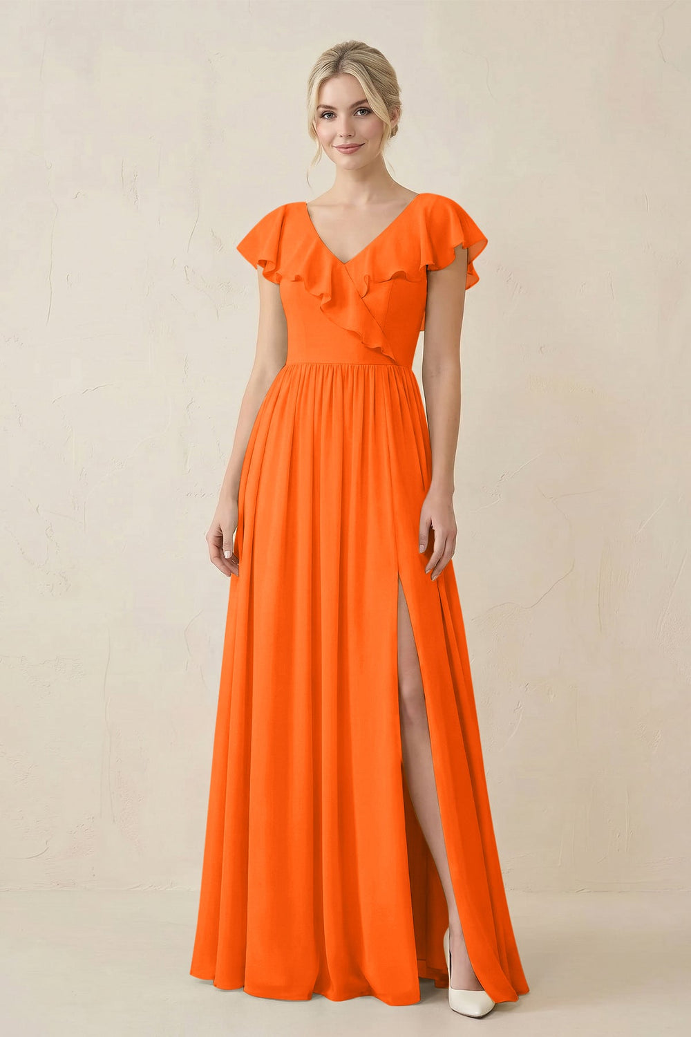 Cap Sleeve A-Line Ruffled Chiffon Bridesmaid Dress in Cinnamon - KISS BRIDAL BRIDESMAID DRESSES
