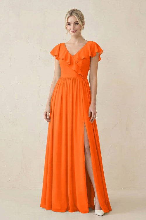 Cap Sleeve A-Line Ruffled Chiffon Bridesmaid Dress in Cinnamon - SHE IS ME BRIDESMAID DRESSES