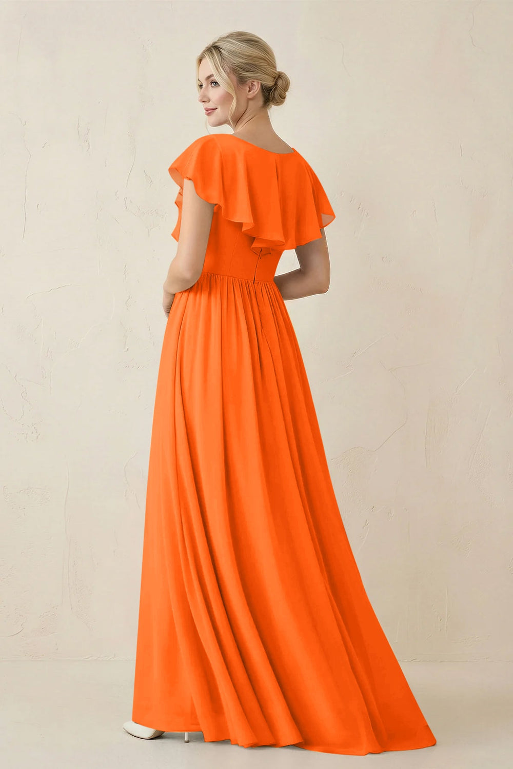 Cap Sleeve A-Line Ruffled Chiffon Bridesmaid Dress in Cinnamon - KISS BRIDAL BRIDESMAID DRESSES