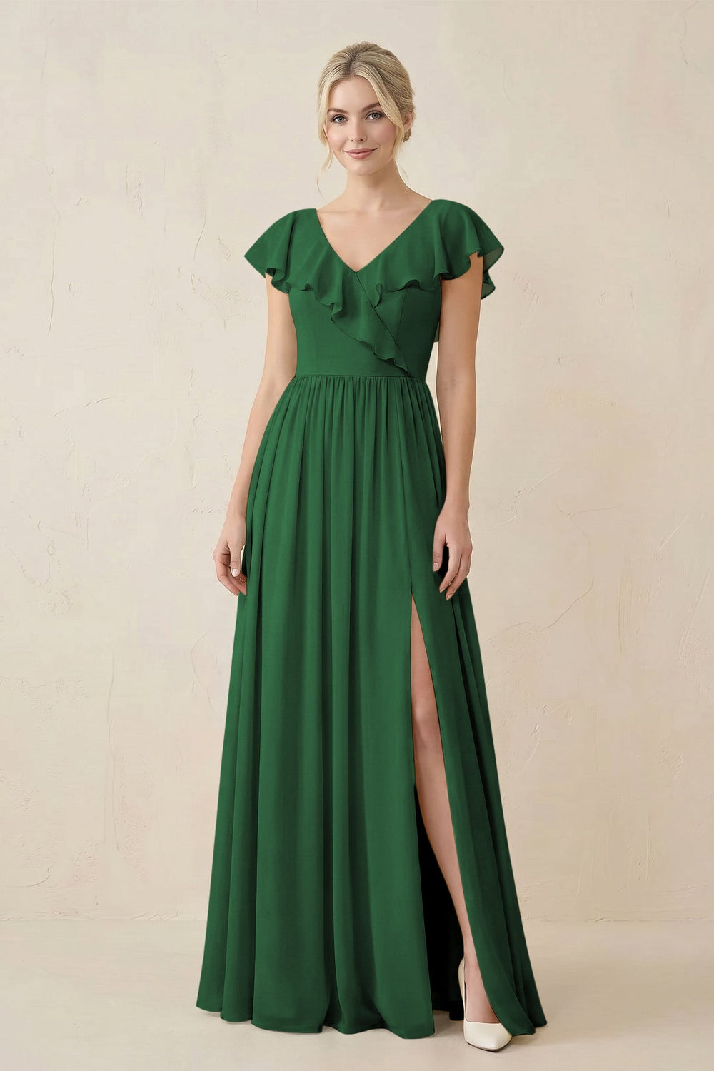 Cap Sleeve A-Line Ruffled Chiffon Bridesmaid Dress in Dark Green - KISS BRIDAL BRIDESMAID DRESSES