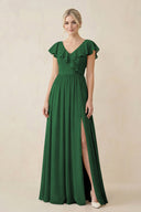 Cap Sleeve A-Line Ruffled Chiffon Bridesmaid Dress in Dark Green - SHE IS ME BRIDESMAID DRESSES