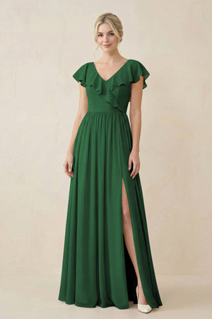 Cap Sleeve A-Line Ruffled Chiffon Bridesmaid Dress in Dark Green - SHE IS ME BRIDESMAID DRESSES