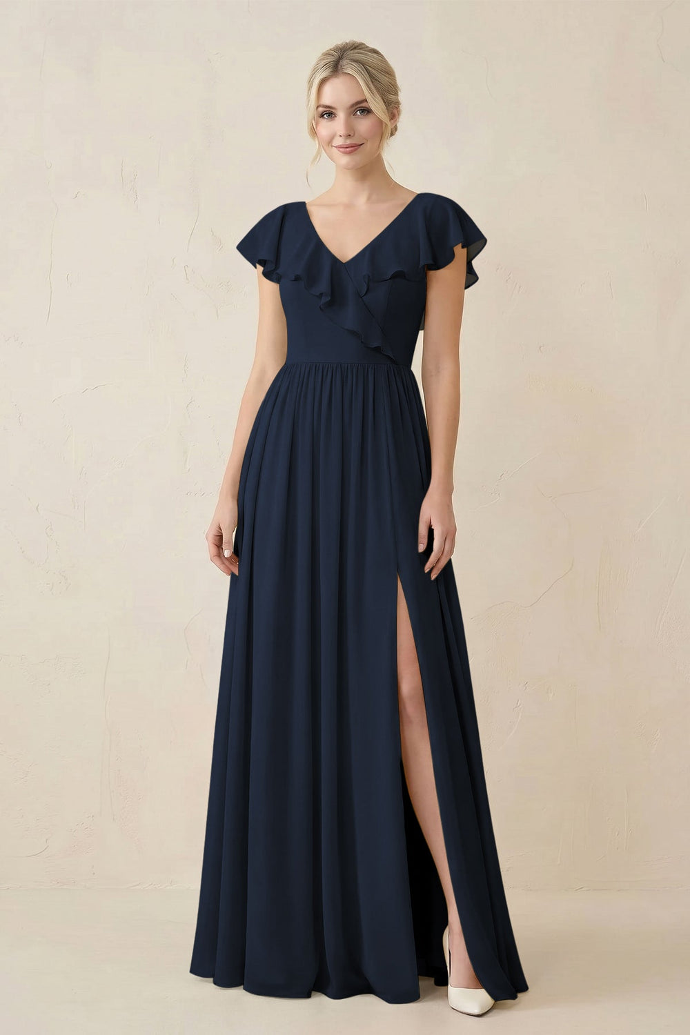 Cap Sleeve A-Line Ruffled Chiffon Bridesmaid Dress in Dark Navy - KISS BRIDAL BRIDESMAID DRESSES