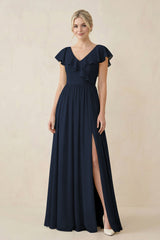 Cap Sleeve A-Line Ruffled Chiffon Bridesmaid Dress in Dark Navy - KISS BRIDAL BRIDESMAID DRESSES