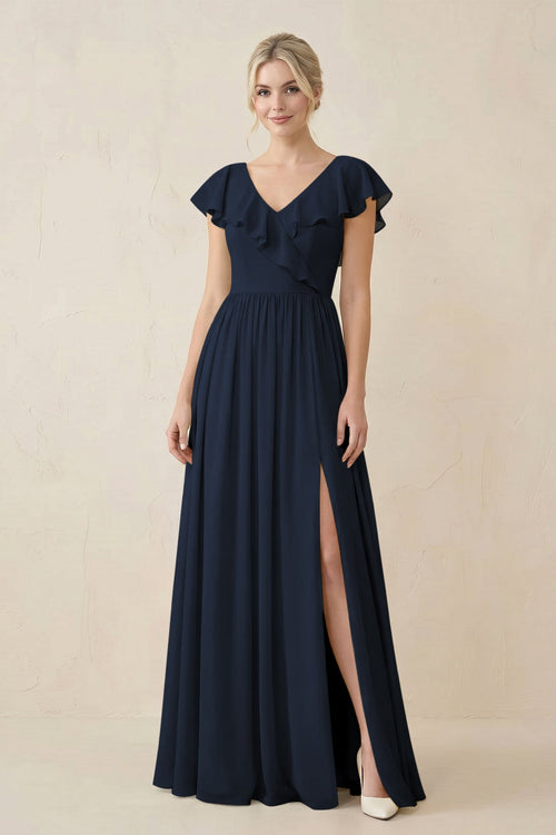 Cap Sleeve A-Line Ruffled Chiffon Bridesmaid Dress in Dark Navy - SHE IS ME BRIDESMAID DRESSES