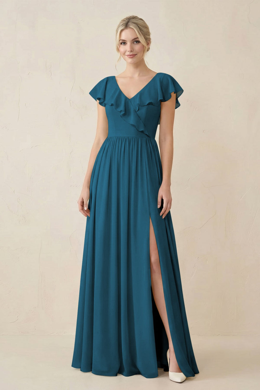 Cap Sleeve A-Line Ruffled Chiffon Bridesmaid Dress in Dark Teal - KISS BRIDAL BRIDESMAID DRESSES