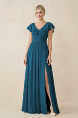 Cap Sleeve A-Line Ruffled Chiffon Bridesmaid Dress in Dark Teal - KISS BRIDAL BRIDESMAID DRESSES