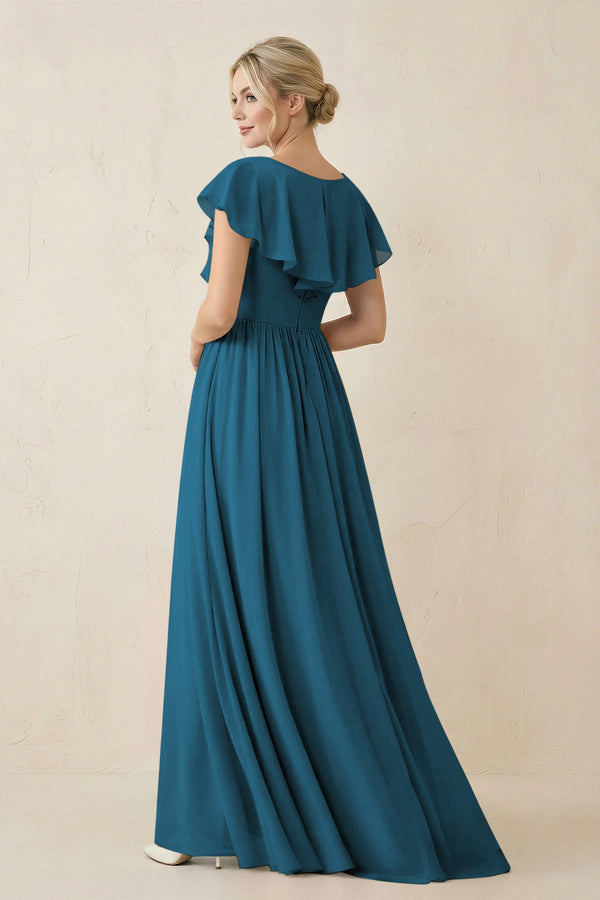 Cap Sleeve A-Line Ruffled Chiffon Bridesmaid Dress in Dark Teal - SHE IS ME BRIDESMAID DRESSES