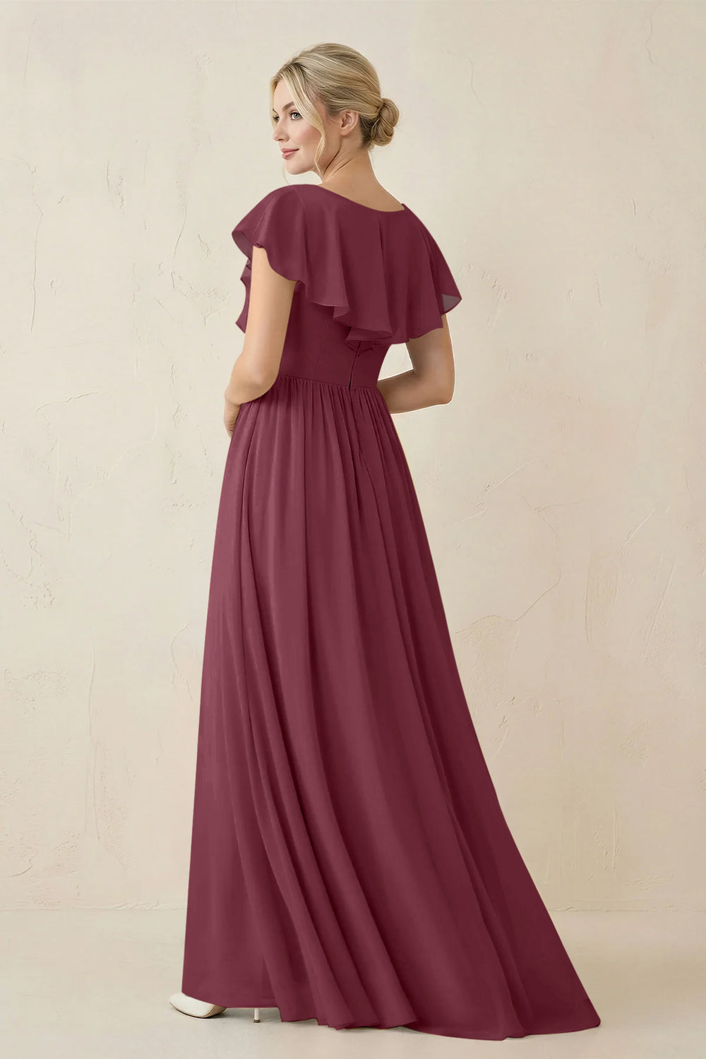 Cap Sleeve A-Line Ruffled Chiffon Bridesmaid Dress in Desert Rose