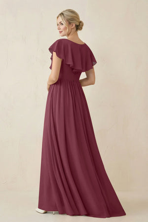 Cap Sleeve A-Line Ruffled Chiffon Bridesmaid Dress in Desert Rose (2) | KISSBRIDAL