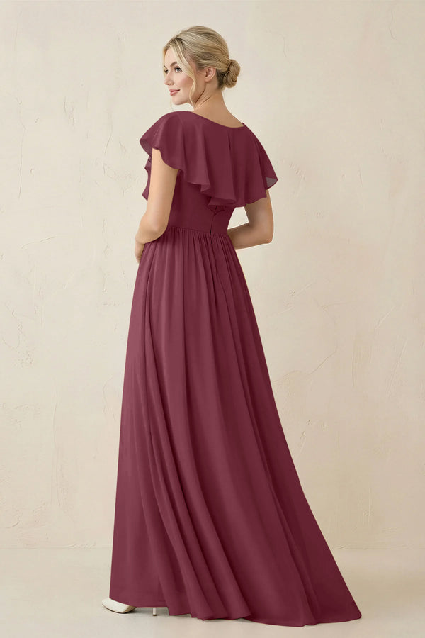 Cap Sleeve A-Line Ruffled Chiffon Bridesmaid Dress in Desert Rose (2) | KISSBRIDAL