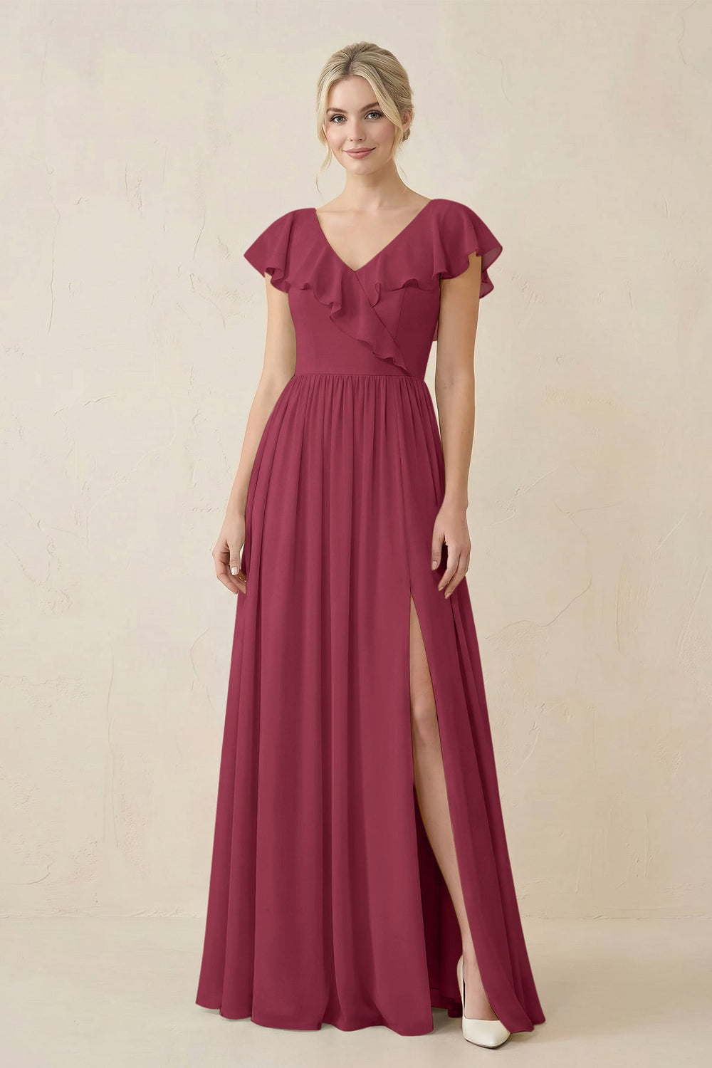 Cap Sleeve A-Line Ruffled Chiffon Bridesmaid Dress in Desert Rose - KISS BRIDAL BRIDESMAID DRESSES