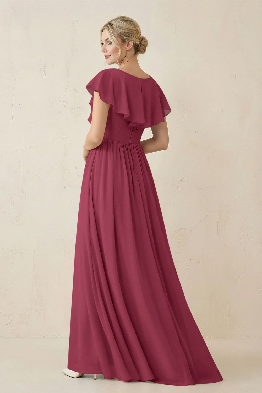 Cap Sleeve A-Line Ruffled Chiffon Bridesmaid Dress in Desert Rose - KISS BRIDAL BRIDESMAID DRESSES