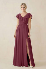 Cap Sleeve A-Line Ruffled Chiffon Bridesmaid Dress in Desert Rose | KISSBRIDAL