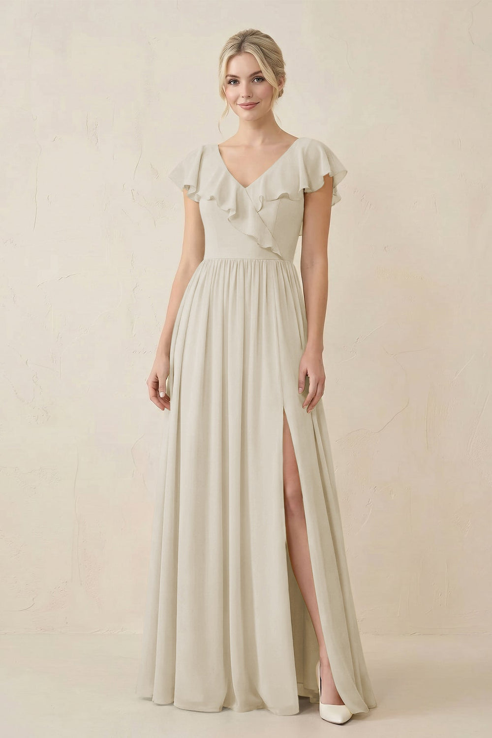 Cap Sleeve A-Line Ruffled Chiffon Bridesmaid Dress in Dove Gray - KISS BRIDAL BRIDESMAID DRESSES